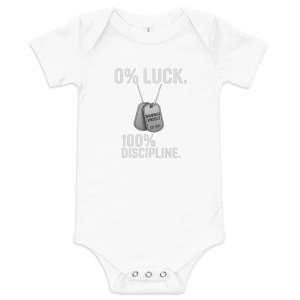 baby-short-sleeve-one-piece-white-front-68bcd6a497ca5.jpg 0% Luck 100% Discipline Baby One Piece | Premium | 3-24M