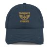 distressed-dad-hat-navy-front-68b9f676d0f63.jpg Old Gold Embroidered Brand Logo Dad Cap | Distressed Style