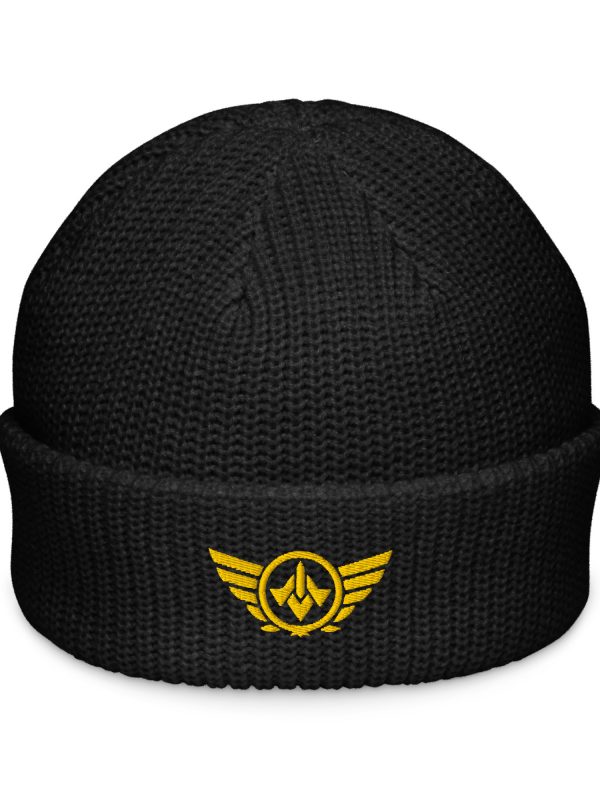 fisherman-beanie-black-front-68b9242b1d860.jpg Gold Embroidered Logo Beanie | Fisherman
