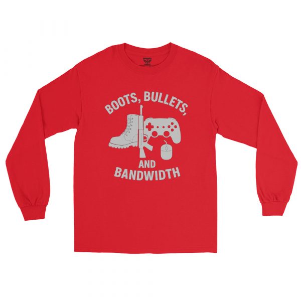 mens-long-sleeve-shirt-red-front-68b6648ad90cb.jpg Boots, Bullets, and Bandwidth Long Sleeve | Classic | S-XL