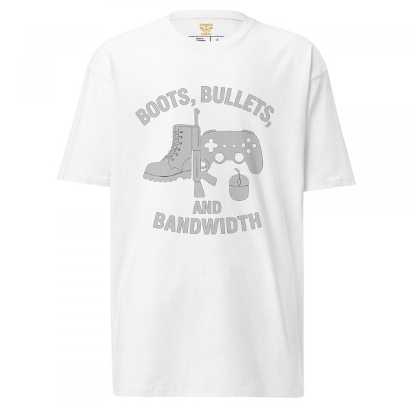 mens-premium-heavyweight-tee-white-front-68b5e3ca55485.jpg Boots, Bullets, and Bandwidth Tee | Premium Heavyweight | S-XL