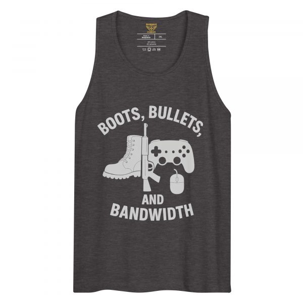 mens-premium-tank-top-charcoal-heather-front-68c16ea928e1b.jpg Boots, Bullets, and Bandwidth Tank Top | Premium | 2-3X