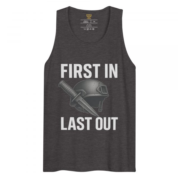 mens-premium-tank-top-charcoal-heather-front-68c16fd338273.jpg First In Last Out Tank Top | Premium | 2-3X
