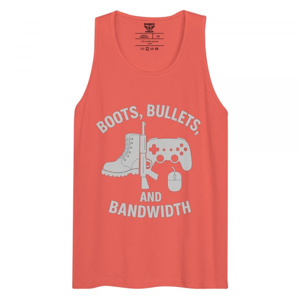 mens-premium-tank-top-coral-front-68c16ea92a621.jpg Boots, Bullets, and Bandwidth Tank Top | Premium | 2-3X