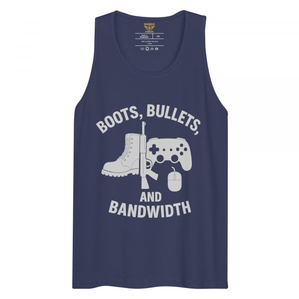 mens-premium-tank-top-harbor-blue-front-68c16ea9295c0.jpg Boots, Bullets, and Bandwidth Tank Top | Premium | 2-3X