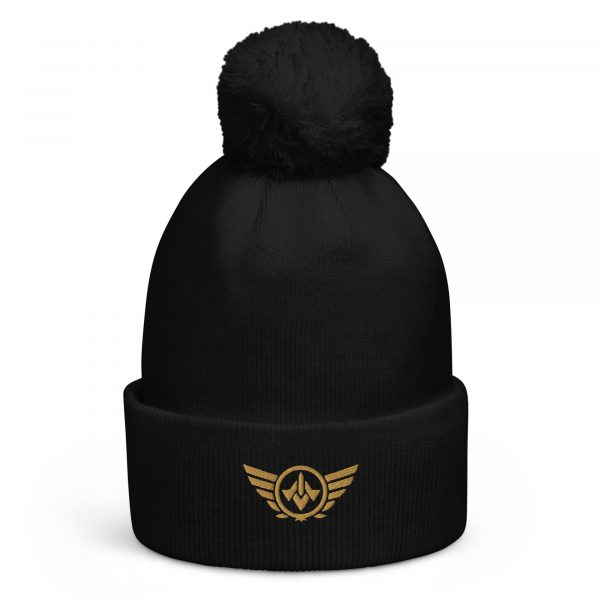 pom-pom-beanie-black-front-68b7dfdfa9cbe.jpg Old Gold Embroidered Logo Pom-Pom Beanie | Double-Layer