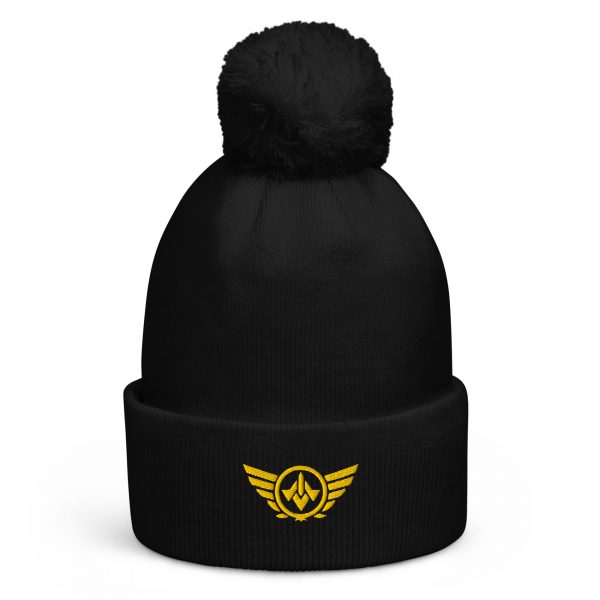 pom-pom-beanie-black-front-68b7dffeedec6.jpg Gold Embroidered Logo Pom-Pom Beanie | Double-Layer