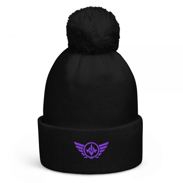 pom-pom-beanie-black-front-68b7e2b4f26f0.jpg Purple Embroidered Logo Pom-Pom Beanie | Double-Layer