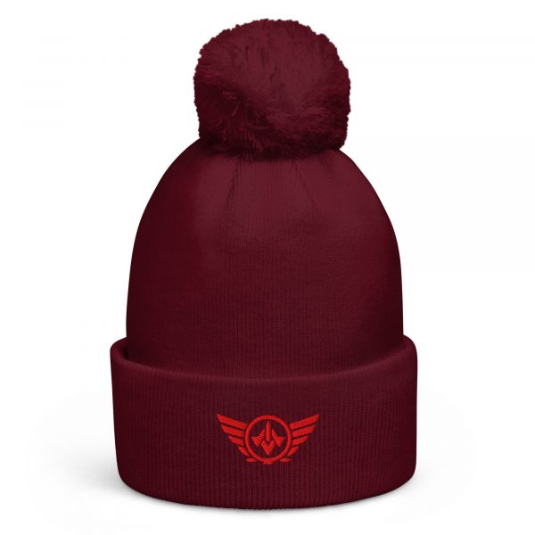pom-pom-beanie-burgundy-front-68b7e06d445e3.jpg Red Embroidered Logo Pom-Pom Beanie | Double-Layer