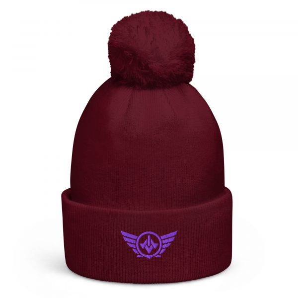 pom-pom-beanie-burgundy-front-68b7e2b4f3477.jpg Purple Embroidered Logo Pom-Pom Beanie | Double-Layer