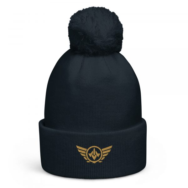 pom-pom-beanie-french-navy-front-68b7dfdfaa4b0.jpg Old Gold Embroidered Logo Pom-Pom Beanie | Double-Layer