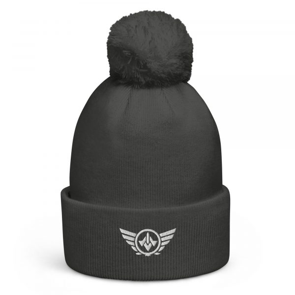 pom-pom-beanie-graphite-grey-front-68b7de9d45cf6.jpg White Embroidered Logo Pom-Pom Beanie | Double-Layer