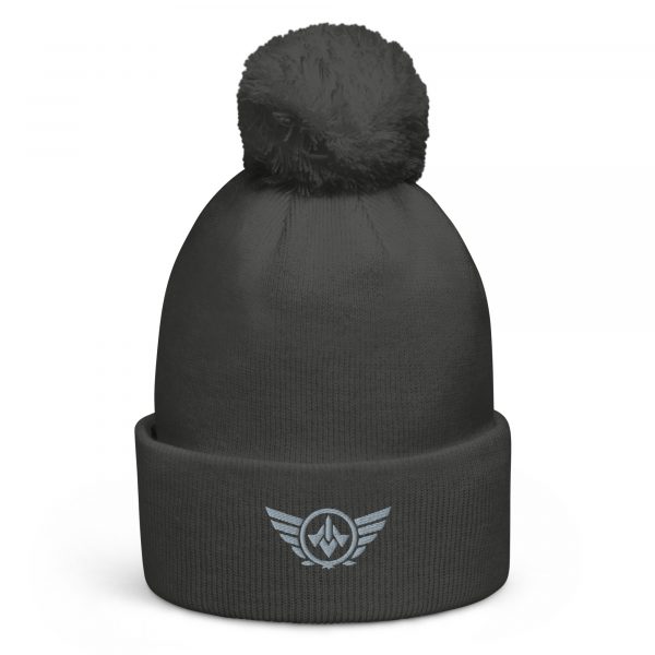 pom-pom-beanie-graphite-grey-front-68b7dfb2bd08e.jpg Grey Embroidered Logo Pom-Pom Beanie | Double-Layer