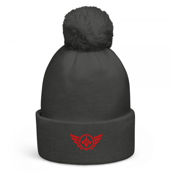 pom-pom-beanie-graphite-grey-front-68b7e06d44794.jpg Red Embroidered Logo Pom-Pom Beanie | Double-Layer
