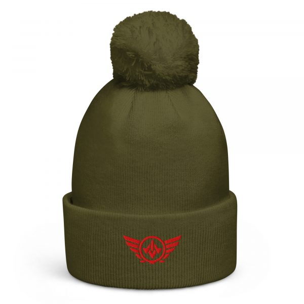 pom-pom-beanie-moss-green-front-68b7e06d44821.jpg Red Embroidered Logo Pom-Pom Beanie | Double-Layer