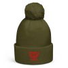 Red Embroidered Brand Logo Pom-Pom Beanie | Single-Layer