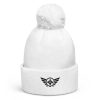 pom-pom-beanie-white-front-68b7df01305d8.jpg Black Embroidered Logo Pom-Pom Beanie | Double-Layer