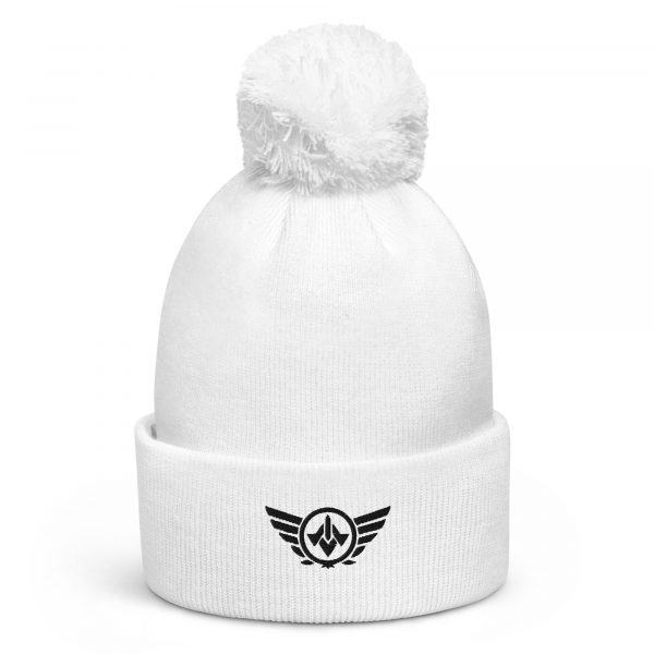 pom-pom-beanie-white-front-68b7df01305d8.jpg Black Embroidered Logo Pom-Pom Beanie | Double-Layer