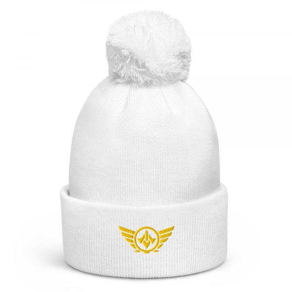 pom-pom-beanie-white-front-68b7dffeef547.jpg Gold Embroidered Logo Pom-Pom Beanie | Double-Layer