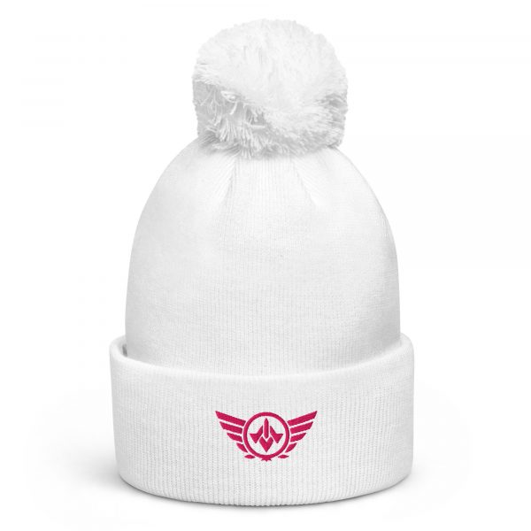 pom-pom-beanie-white-front-68b7e03f40c83.jpg Flamingo Embroidered Logo Pom-Pom Beanie | Double-Layer