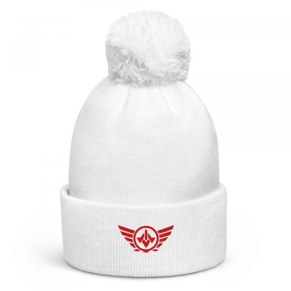 pom-pom-beanie-white-front-68b7e06d448ab.jpg Red Embroidered Logo Pom-Pom Beanie | Double-Layer