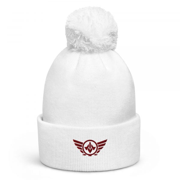 pom-pom-beanie-white-front-68b7e09eabd05.jpg Maroon Embroidered Logo Pom-Pom Beanie | Double-Layer