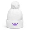 pom-pom-beanie-white-front-68b7e2b4f372b.jpg Purple Embroidered Logo Pom-Pom Beanie | Double-Layer