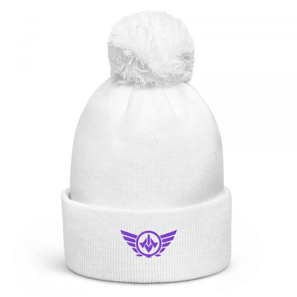 pom-pom-beanie-white-front-68b7e2b4f372b.jpg Purple Embroidered Logo Pom-Pom Beanie | Double-Layer