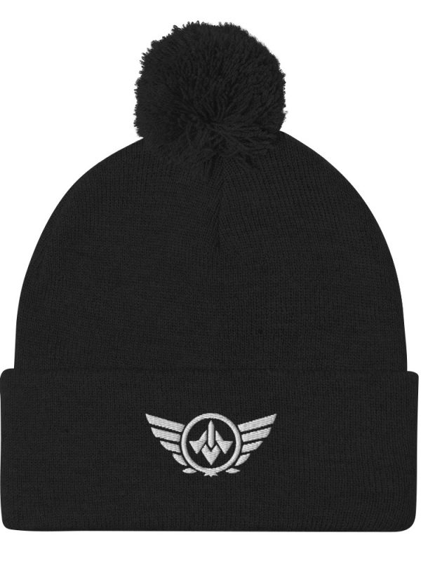 White Embroidered Logo Pom-Pom Beanie | Single-Layer