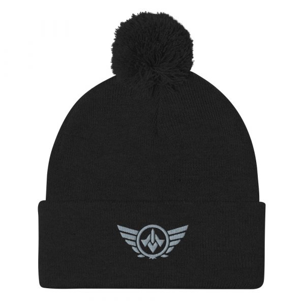 pom-pom-knit-cap-black-front-68b8ae07bec63.jpg Grey Embroidered Logo Pom-Pom Beanie | Single-Layer
