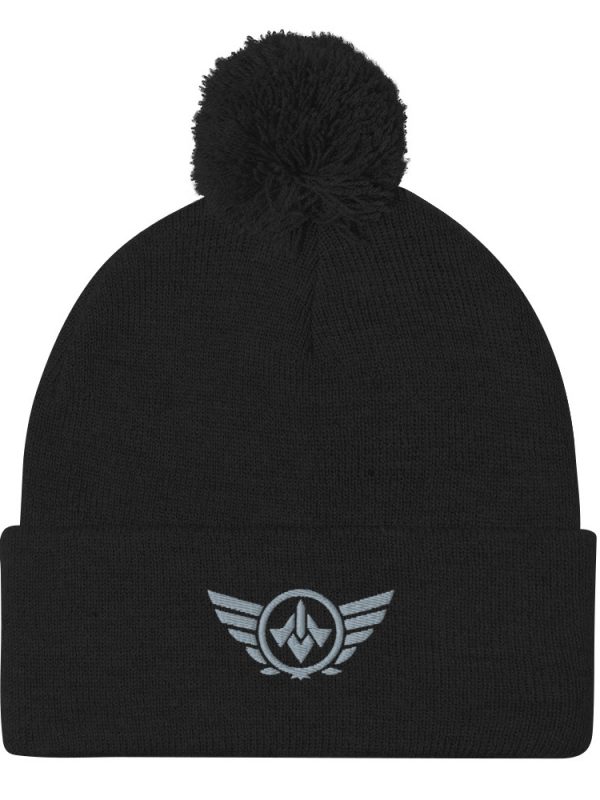Grey Embroidered Logo Pom-Pom Beanie | Single-Layer