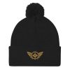 pom-pom-knit-cap-black-front-68b8ae2875740.jpg Old Gold Embroidered Logo Pom-Pom Beanie | Single-Layer