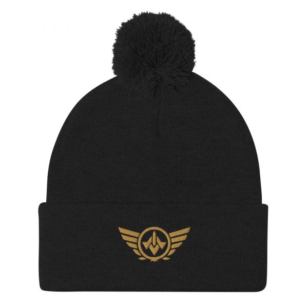 pom-pom-knit-cap-black-front-68b8ae2875740.jpg Old Gold Embroidered Logo Pom-Pom Beanie | Single-Layer