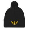 Gold Embroidered Logo Pom-Pom Beanie | Single-Layer