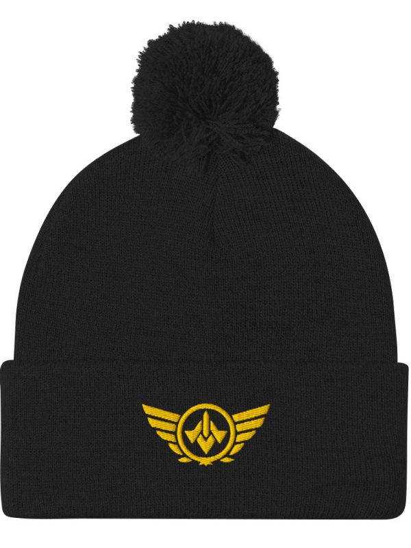 Gold Embroidered Logo Pom-Pom Beanie | Single-Layer