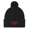 pom-pom-knit-cap-black-front-68b8b06155f7b.jpg Red Embroidered Logo Pom-Pom Beanie | Single-Layer