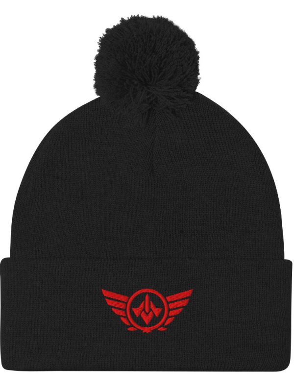 Red Embroidered Logo Pom-Pom Beanie | Single-Layer