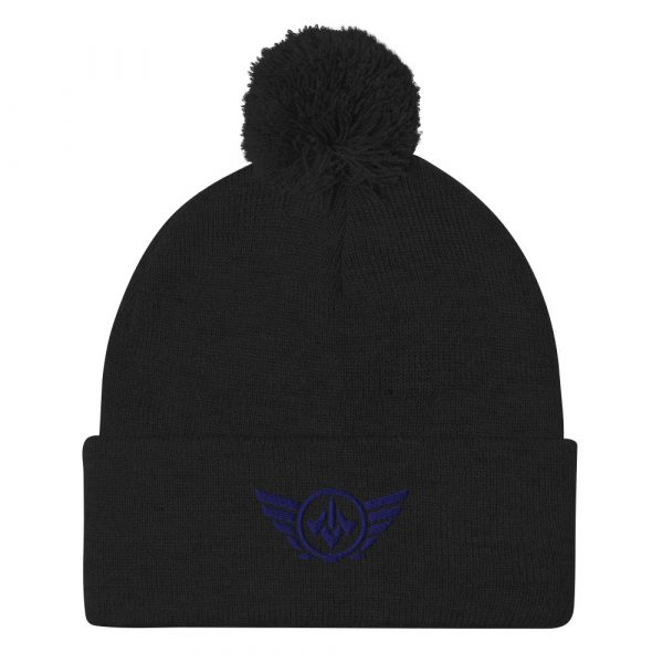 Navy Embroidered Logo Pom-Pom Beanie | Single-Layer