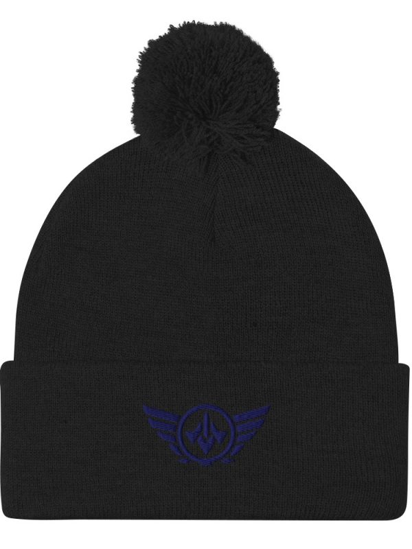 Navy Embroidered Logo Pom-Pom Beanie | Single-Layer