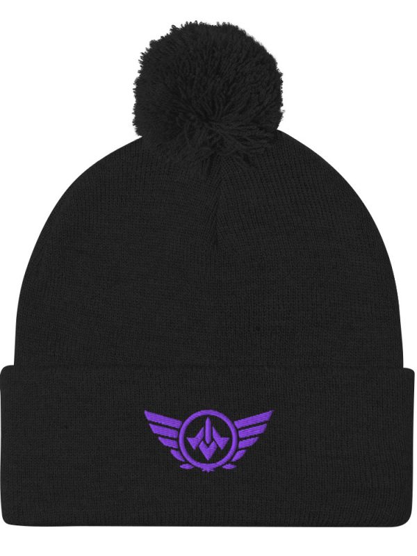 Purple Embroidered Logo Pom-Pom Beanie | Single-Layer