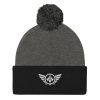pom-pom-knit-cap-dark-heather-grey-black-front-68b8adabbc02b.jpg White Embroidered Logo Pom-Pom Beanie | Single-Layer