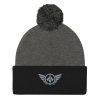 pom-pom-knit-cap-dark-heather-grey-black-front-68b8ae07bf64b.jpg Grey Embroidered Logo Pom-Pom Beanie | Single-Layer
