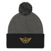 pom-pom-knit-cap-dark-heather-grey-black-front-68b8ae28764a2.jpg Old Gold Embroidered Logo Pom-Pom Beanie | Single-Layer