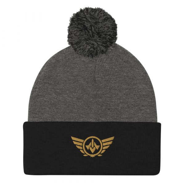 pom-pom-knit-cap-dark-heather-grey-black-front-68b8ae28764a2.jpg Old Gold Embroidered Logo Pom-Pom Beanie | Single-Layer