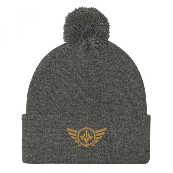 pom-pom-knit-cap-dark-heather-grey-front-68b8ae287652a.jpg Old Gold Embroidered Logo Pom-Pom Beanie | Single-Layer