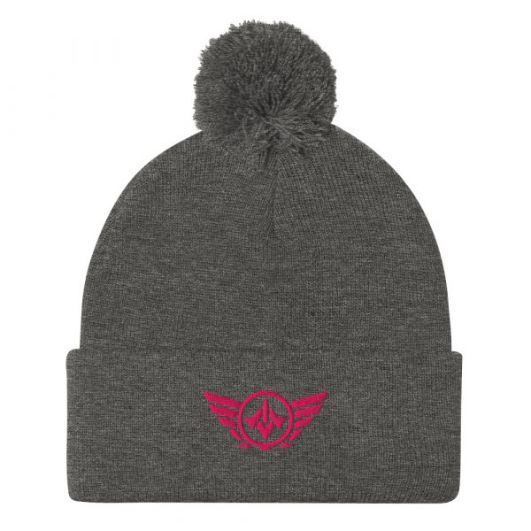 pom-pom-knit-cap-dark-heather-grey-front-68b8aea0570bd.jpg Flamingo Embroidered Logo Pom-Pom Beanie | Single-Layer