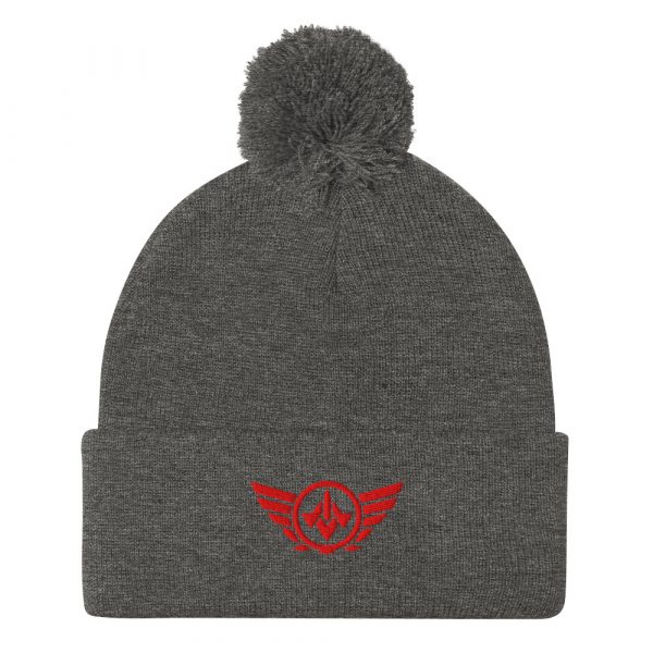 pom-pom-knit-cap-dark-heather-grey-front-68b8b06156e23.jpg Red Embroidered Logo Pom-Pom Beanie | Single-Layer