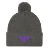 pom-pom-knit-cap-dark-heather-grey-front-68b8b1a7018d9.jpg Purple Embroidered Logo Pom-Pom Beanie | Single-Layer