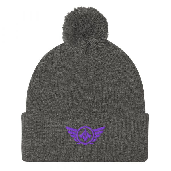 pom-pom-knit-cap-dark-heather-grey-front-68b8b1a7018d9.jpg Purple Embroidered Logo Pom-Pom Beanie | Single-Layer
