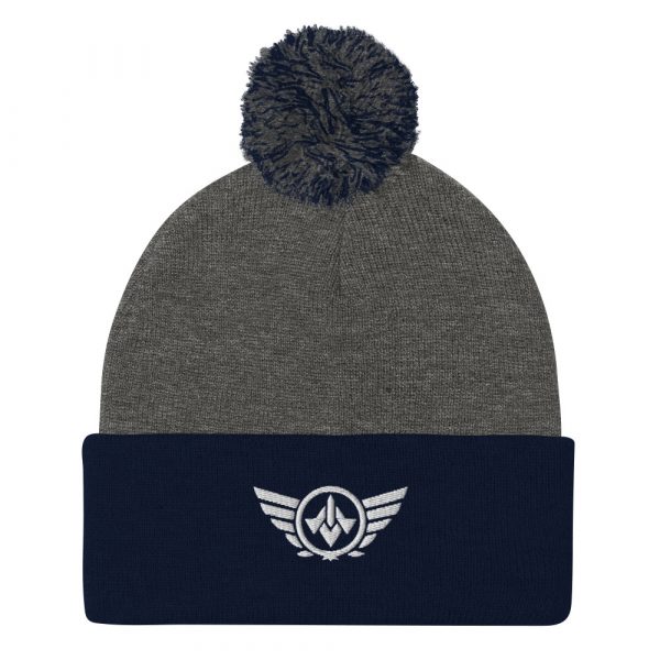 pom-pom-knit-cap-dark-heather-grey-navy-front-68b8adabbbfb5.jpg White Embroidered Logo Pom-Pom Beanie | Single-Layer